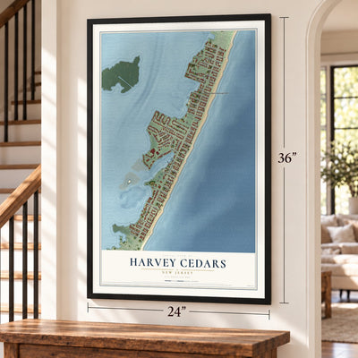 Harvey Cedars, New Jersey map, 24 x 36 inch print in a black frame by a staircase