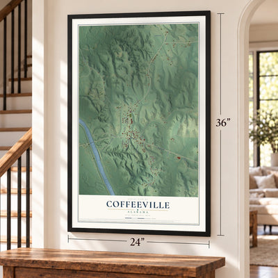 Coffeeville, Alabama map, 24 x 36 inch print in a black frame by a staircase