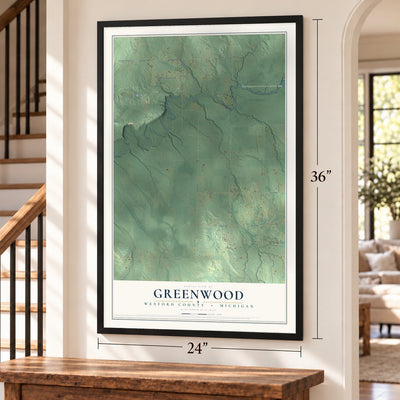 Greenwood, Wexford County, Michigan map, 24 x 36 inch print in a black frame by a staircase