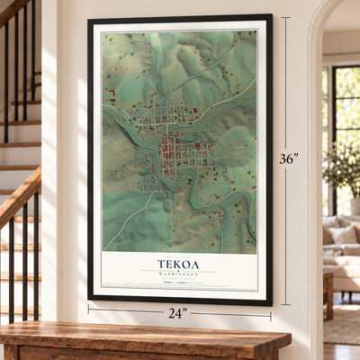 Tekoa, Washington map, 24 x 36 inch print in a black frame by a staircase