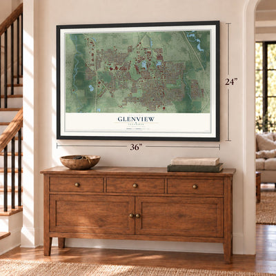 Glenview, Illinois map, 24 x 36 inch print in a black frame above a dresser by a staircase