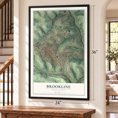 Brookline, Pennsylvania map, 24 x 36 inch print in a black frame by a staircase