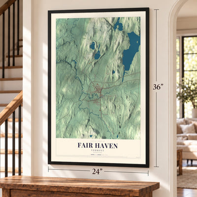 Fair Haven, Vermont map, 24 x 36 inch print in a black frame by a staircase