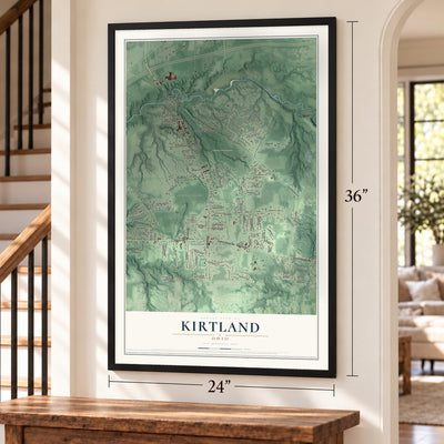 Kirtland, Ohio map, 24 x 36 inch print in a black frame by a staircase