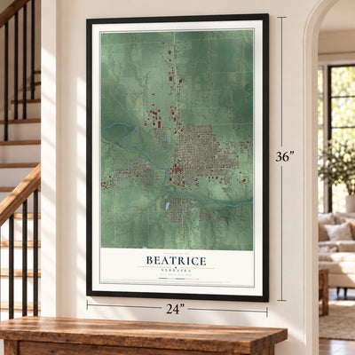 Beatrice, Nebraska map, 24 x 36 inch print in a black frame by a staircase