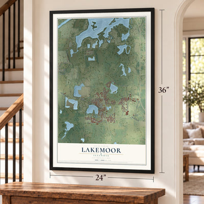 Lakemoor, Illinois map, 24 x 36 inch print in a black frame by a staircase