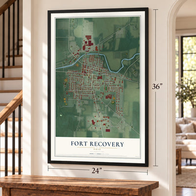 Fort Recovery, Ohio map, 24 x 36 inch print in a black frame by a staircase