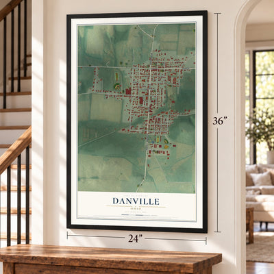Danville, Ohio map, 24 x 36 inch print in a black frame by a staircase