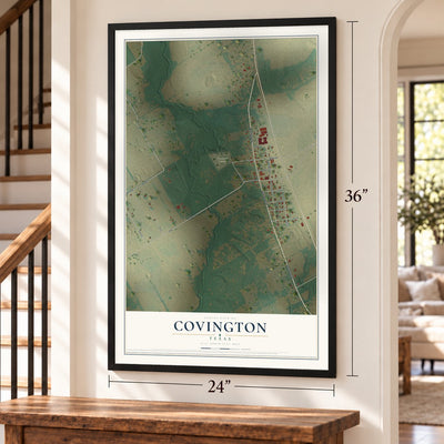 Covington, Texas map, 24 x 36 inch print in a black frame by a staircase