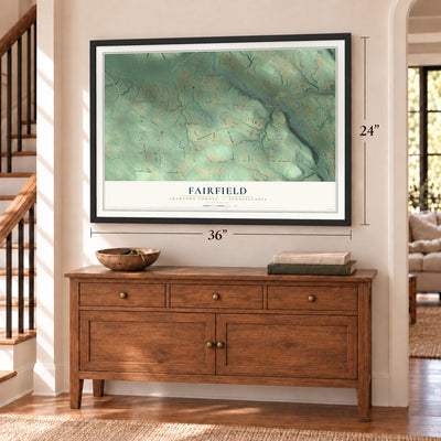 Fairfield, Crawford County, Pennsylvania map, 24 x 36 inch print in a black frame above a dresser by a staircase