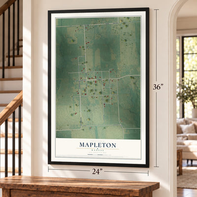 Mapleton, Kansas map, 24 x 36 inch print in a black frame by a staircase