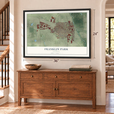 Franklin Park, Illinois map, 24 x 36 inch print in a black frame above a dresser by a staircase