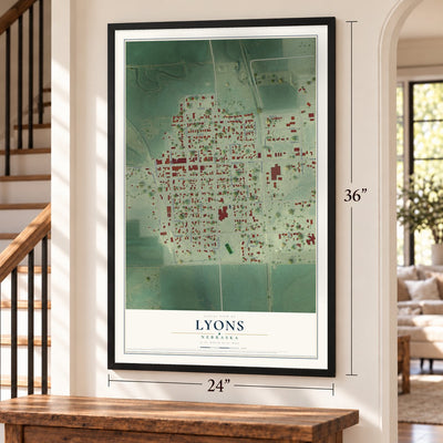 Lyons, Nebraska map, 24 x 36 inch print in a black frame by a staircase
