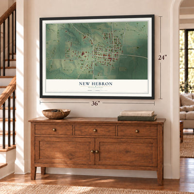 New Hebron, Mississippi map, 24 x 36 inch print in a black frame above a dresser by a staircase