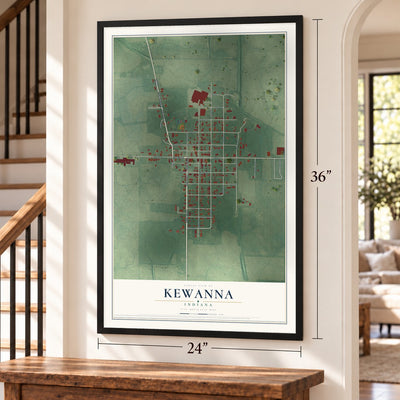 Kewanna, Indiana map, 24 x 36 inch print in a black frame by a staircase