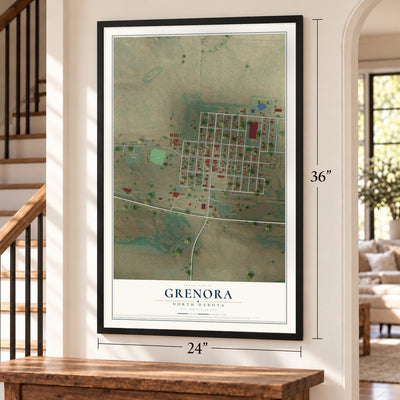 Grenora, North Dakota map, 24 x 36 inch print in a black frame by a staircase
