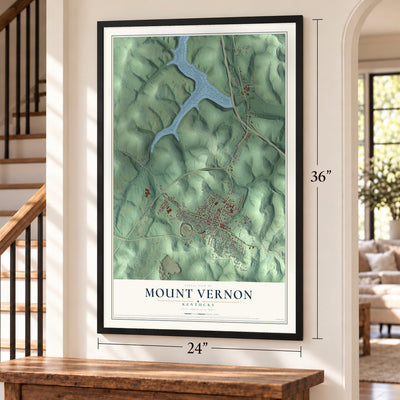 Mount Vernon, Kentucky map, 24 x 36 inch print in a black frame by a staircase