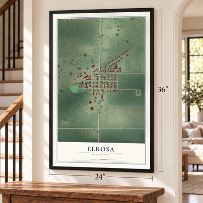 Elrosa, Minnesota map, 24 x 36 inch print in a black frame by a staircase
