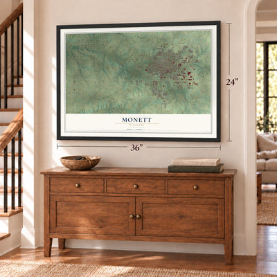 Monett, Missouri map, 24 x 36 inch print in a black frame above a dresser by a staircase