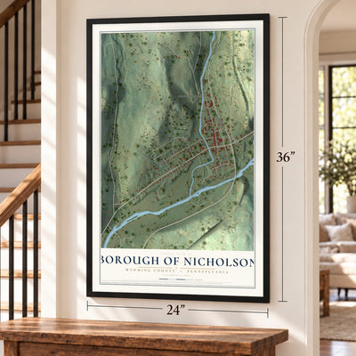 Borough of Nicholson, Wyoming County, Pennsylvania map, 24 x 36 inch print in a black frame by a staircase