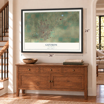Guymon, Oklahoma map, 24 x 36 inch print in a black frame above a dresser by a staircase