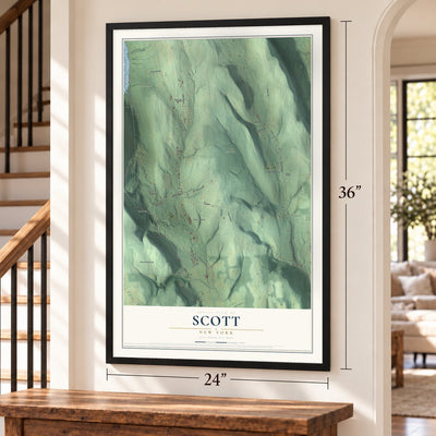 Scott, New York map, 24 x 36 inch print in a black frame by a staircase