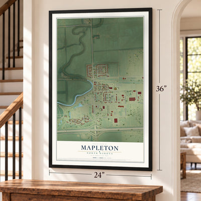Mapleton, North Dakota map, 24 x 36 inch print in a black frame by a staircase