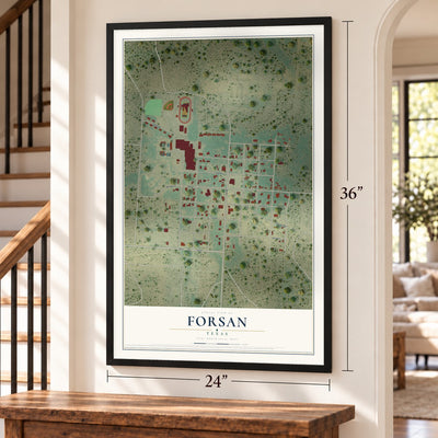 Forsan, Texas map, 24 x 36 inch print in a black frame by a staircase