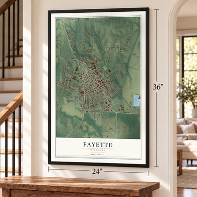 Fayette, Missouri map, 24 x 36 inch print in a black frame by a staircase