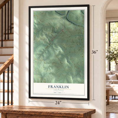 Franklin, Arkansas map, 24 x 36 inch print in a black frame by a staircase
