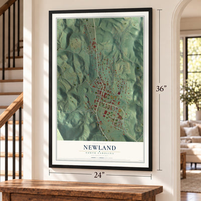 Newland, North Carolina map, 24 x 36 inch print in a black frame by a staircase