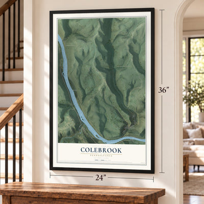 Colebrook, Pennsylvania map, 24 x 36 inch print in a black frame by a staircase