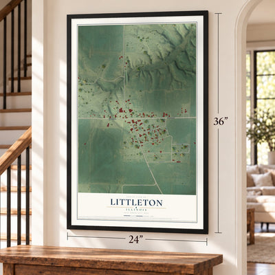 Littleton, Illinois map, 24 x 36 inch print in a black frame by a staircase