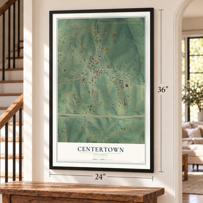 Centertown, Missouri map, 24 x 36 inch print in a black frame by a staircase