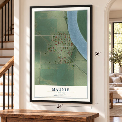 Maunie, Illinois map, 24 x 36 inch print in a black frame by a staircase