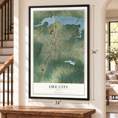 Ore City, Texas map, 24 x 36 inch print in a black frame by a staircase