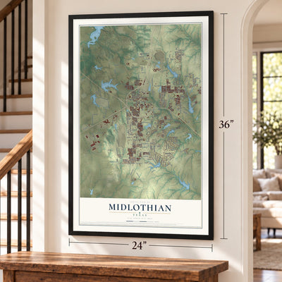 Midlothian, Texas map, 24 x 36 inch print in a black frame by a staircase