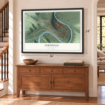 Ferndale, Pennsylvania map, 24 x 36 inch print in a black frame above a dresser by a staircase