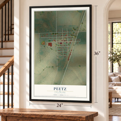Peetz, Colorado map, 24 x 36 inch print in a black frame by a staircase