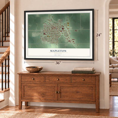 Mapleton, Minnesota map, 24 x 36 inch print in a black frame above a dresser by a staircase