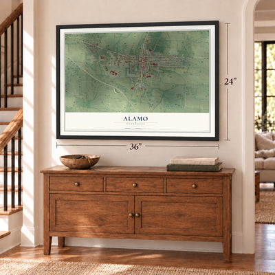 Alamo, Tennessee map, 24 x 36 inch print in a black frame above a dresser by a staircase
