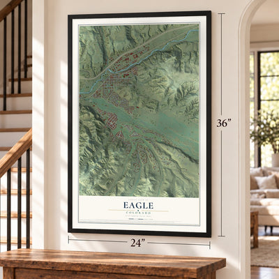 Eagle, Colorado map, 24 x 36 inch print in a black frame by a staircase