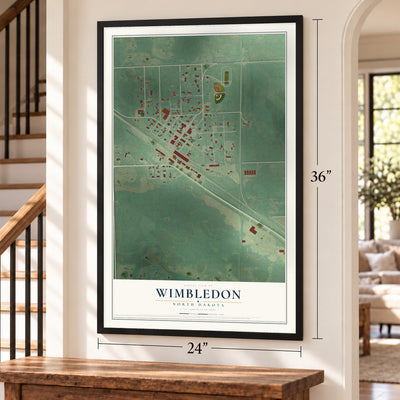 Wimbledon, North Dakota map, 24 x 36 inch print in a black frame by a staircase