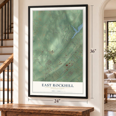 East Rockhill, Pennsylvania map, 24 x 36 inch print in a black frame by a staircase