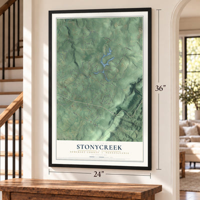 Stonycreek, Somerset County, Pennsylvania map, 24 x 36 inch print in a black frame by a staircase