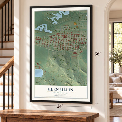 Glen Ullin, North Dakota map, 24 x 36 inch print in a black frame by a staircase