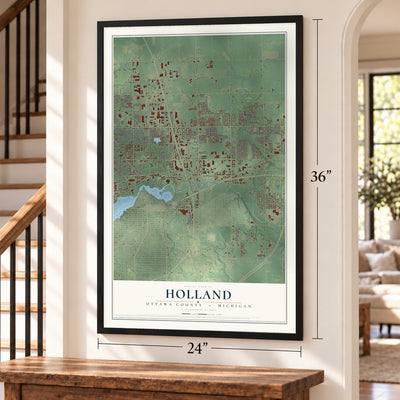 Holland, Ottawa County, Michigan map, 24 x 36 inch print in a black frame by a staircase