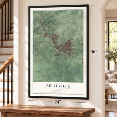 Belleville, Illinois map, 24 x 36 inch print in a black frame by a staircase