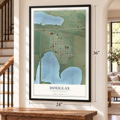 Douglas, North Dakota map, 24 x 36 inch print in a black frame by a staircase