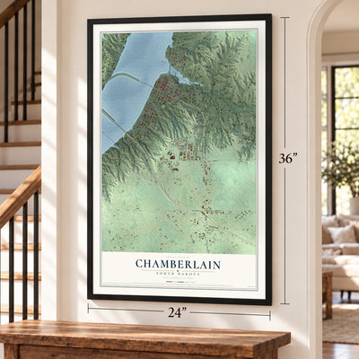 Chamberlain, South Dakota map, 24 x 36 inch print in a black frame by a staircase